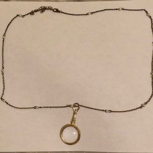 Magnifying glass pearl brass chained necklace